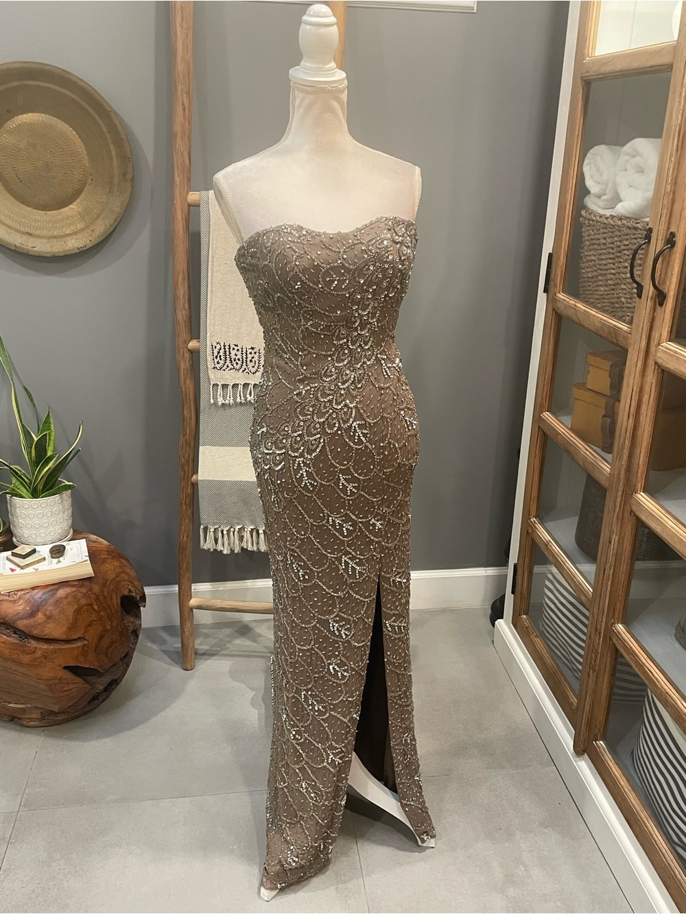 Scala Silk Embellished Strapless Taupe Evening Dress